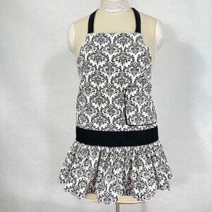 Flirty Aprons Retro Style Floral Scroll Print Black And White Apron OS